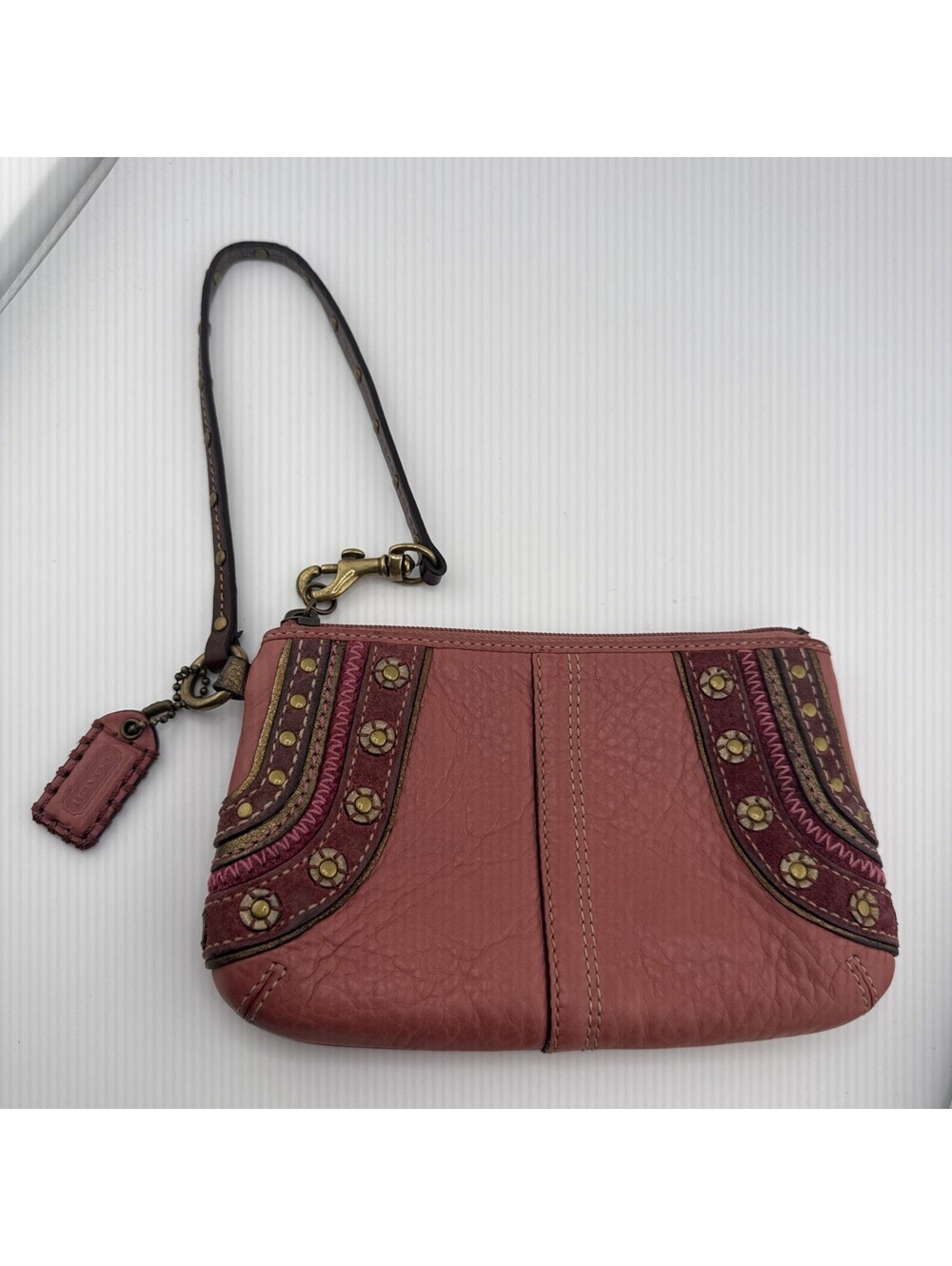 Vintage Coach Y2K Leather Suede Wristlet Zip Pouch Wallet  BOHO Grommets